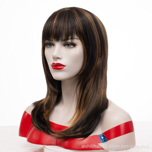 Wholesale heat resistant long natural  straight hair mix brown with golden wig with natural bangs synthetic hair wigs for women
